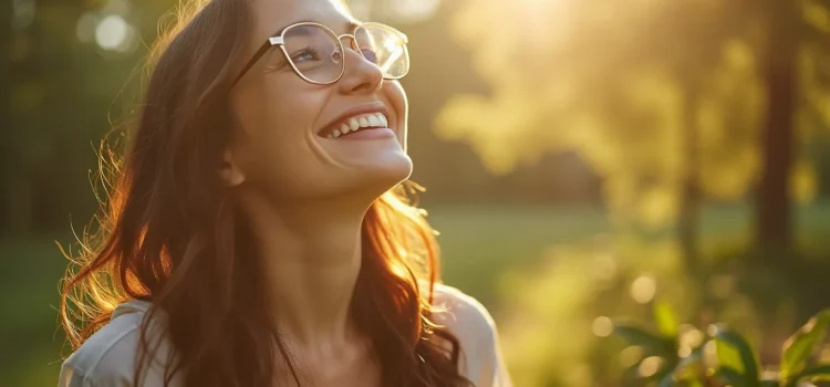 A smiling woman with glasses looking up in the sunlight depicts the link between circadian rhythm and light exposure