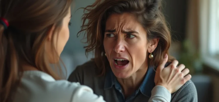 A woman calming down an angry woman by putting her hand on her shoulder illustrates how to prevent violence