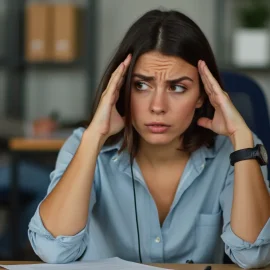 A woman sitting at a desk but looking away is suffering from a loss of concentration at work