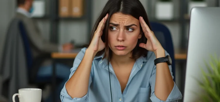 A woman sitting at a desk but looking away is suffering from a loss of concentration at work