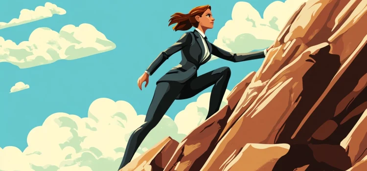 A woman climbing a steep hill in a suit as part of a purpose-driven culture