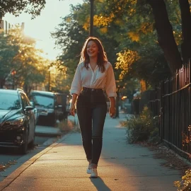 A woman who learned how to gain a positive mindset, enjoying life and walking down a sidewalk