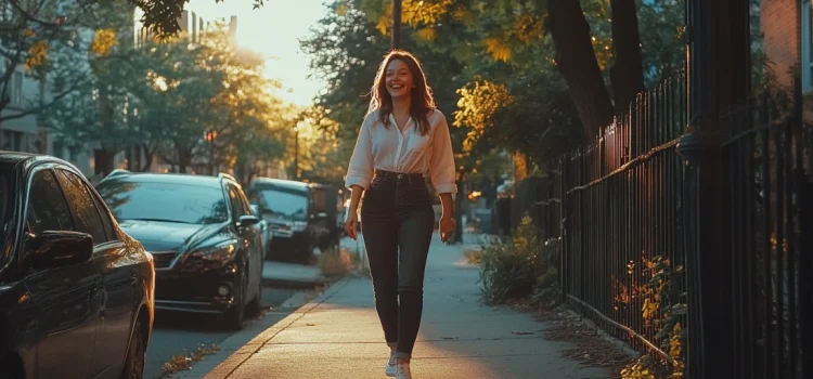 A woman who learned how to gain a positive mindset, enjoying life and walking down a sidewalk