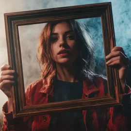 A woman in a red leather jacket holding up an empty picture frame, showing how you can reframe your luck