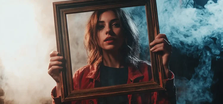 A woman in a red leather jacket holding up an empty picture frame, showing how you can reframe your luck