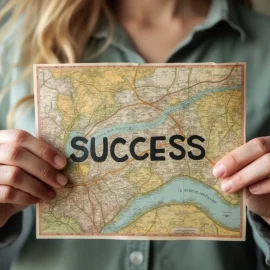 A woman holding a map with the label "SUCCESS" illustrates NLP techniques for success