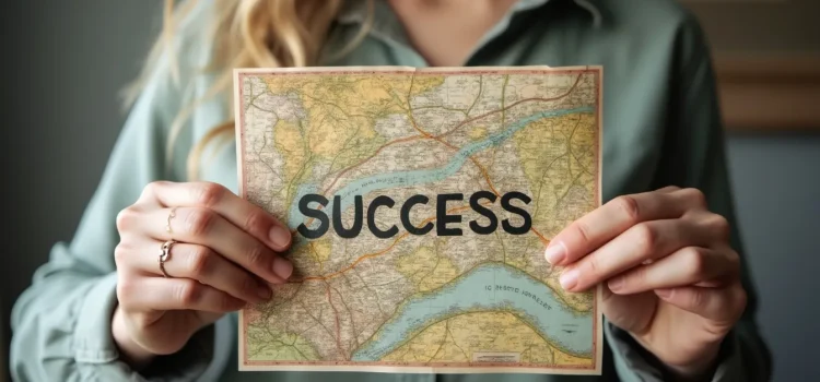 A woman holding a map with the label "SUCCESS" illustrates NLP techniques for success