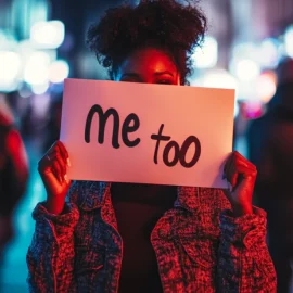 A woman holding a "me too" sign in the middle of the street, representing when the me too movement was founded