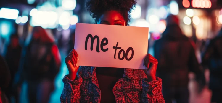 A woman holding a "me too" sign in the middle of the street, representing when the me too movement was founded