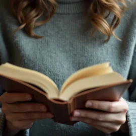 A woman with long hair wearing a bluish sweater holding an open hardcover book