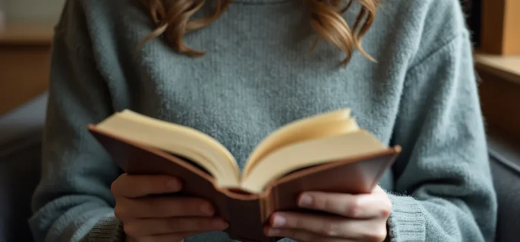 A woman with long hair wearing a bluish sweater holding an open hardcover book