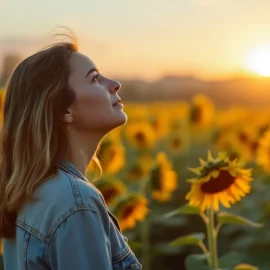 A woman standing in a field of sunflowers looking upward illustrates how to grow yourself