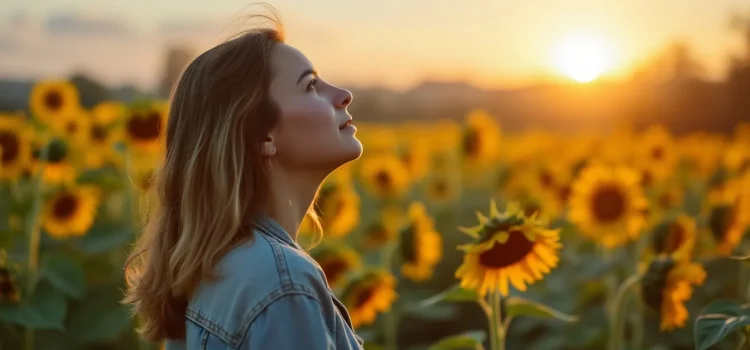 A woman standing in a field of sunflowers looking upward illustrates how to grow yourself