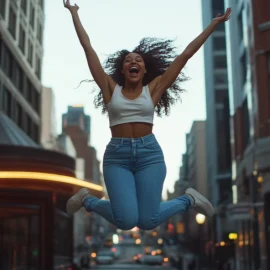 A woman jumping for joy in a city because she's having a lucky moment