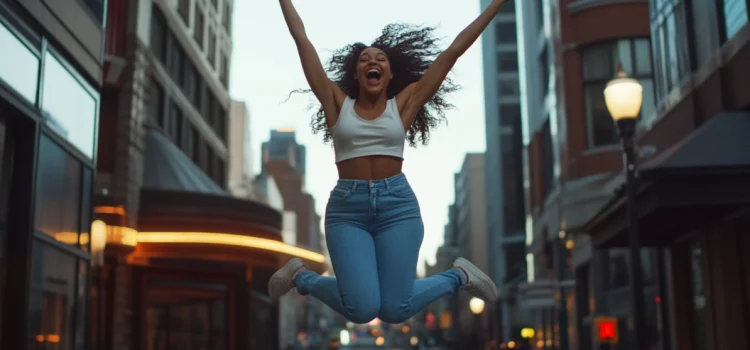 A woman jumping for joy in a city because she's having a lucky moment