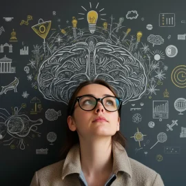 A woman leaning on a chalkboard with drawings of a brain and various technologies depicts how technology affects our brains