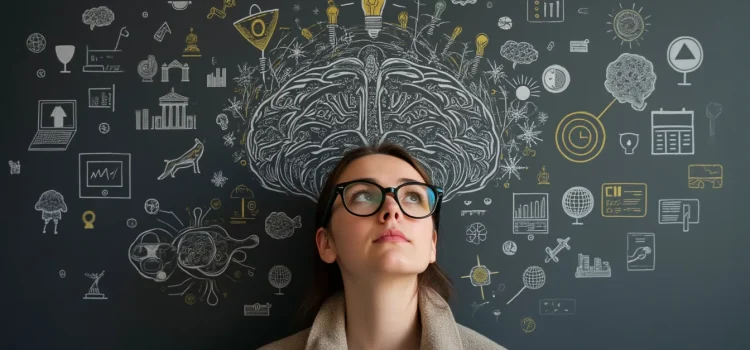 A woman leaning on a chalkboard with drawings of a brain and various technologies depicts how technology affects our brains