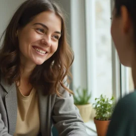 A woman leaning in and smiling while she listens to another woman talk to her illustrates how to show warmth