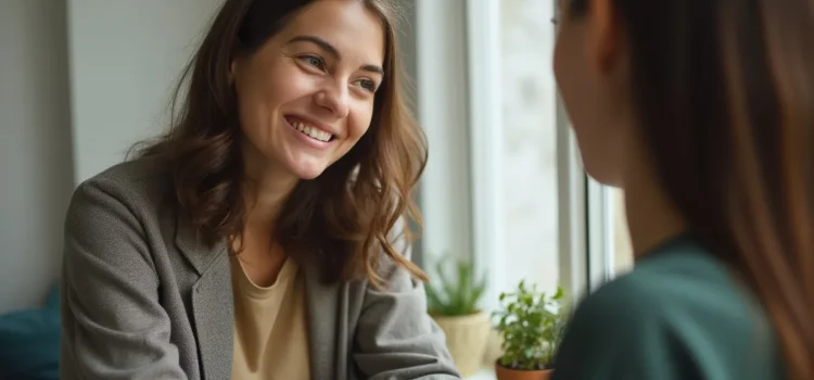 A woman leaning in and smiling while she listens to another woman talk to her illustrates how to show warmth