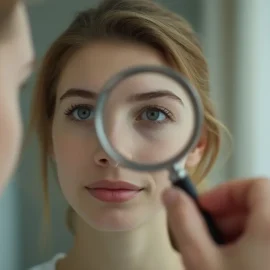 A woman looking through a magnifying glass to see her reflection in a mirror illustrates finding your genius