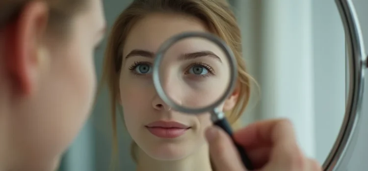 A woman looking through a magnifying glass to see her reflection in a mirror illustrates finding your genius