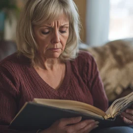 A middle aged woman on her couch looking through an old photo album because she has lost touch with her childhood friends