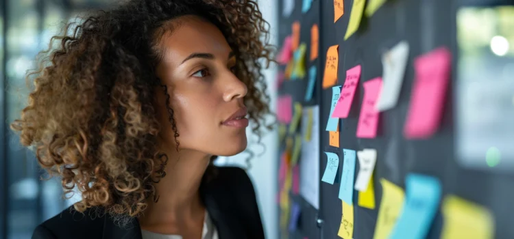 A professional woman looking at sticky notes on a board illustrates the first steps to starting a business