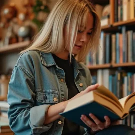 A young woman with blonde hair and a denim jacket looking through a book in a book shop