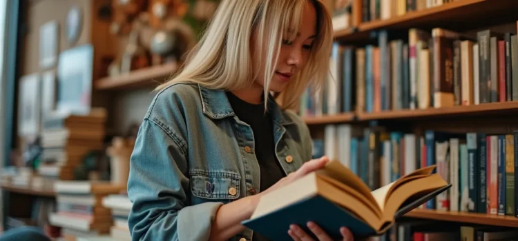 A young woman with blonde hair and a denim jacket looking through a book in a book shop