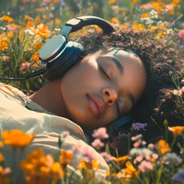 A woman with headphones on relaxing in a field of flowers, following recommendations on how to be more creative.