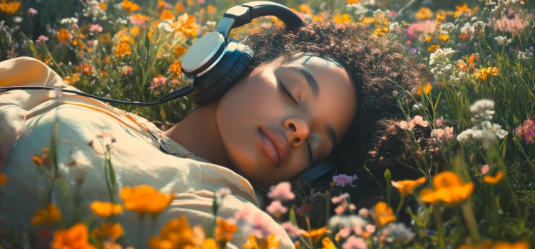 A woman with headphones on relaxing in a field of flowers, following recommendations on how to be more creative.