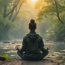 a woman practicing the Wheel of Awareness meditation by a stream in the woods