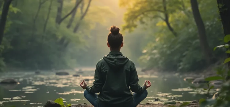 a woman practicing the Wheel of Awareness meditation by a stream in the woods