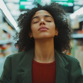 A woman learning how to slow down in life by closing her mind and living in the moment while at the grocery store