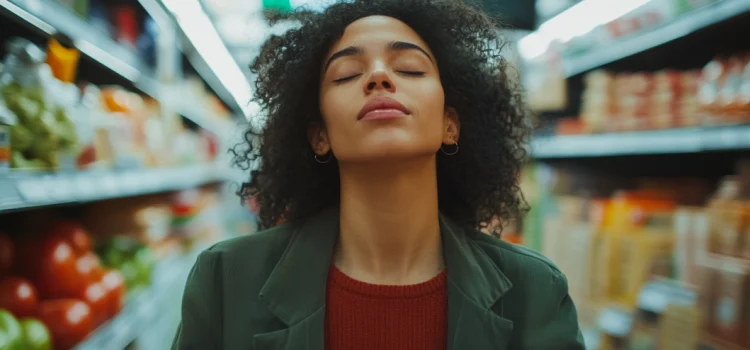 A woman learning how to slow down in life by closing her mind and living in the moment while at the grocery store