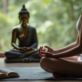 A woman meditating near a small statue of the Buddha illustrates traditions of insight meditation and focus meditation