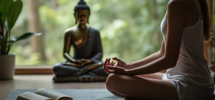 A woman meditating near a small statue of the Buddha illustrates traditions of insight meditation and focus meditation