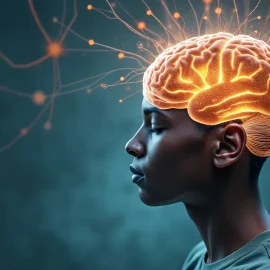 A woman with her eyes closed while neurons are firing in her brain depicts the link between meditation and neuroplasticity