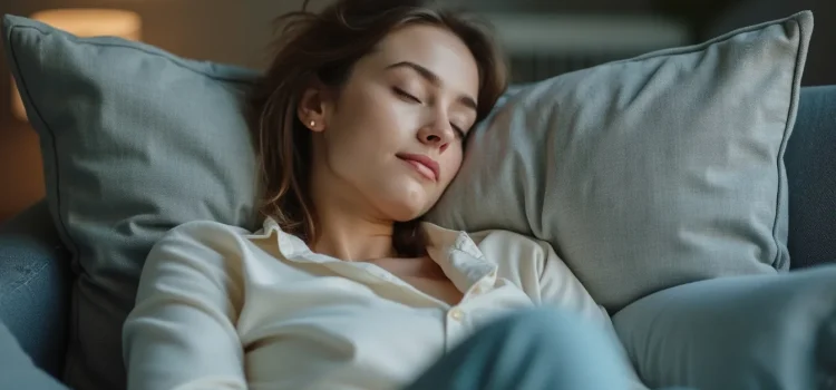 A woman with brown hair and a cream-colored button-down shirt napping on a blue sofa illustrates how to rest