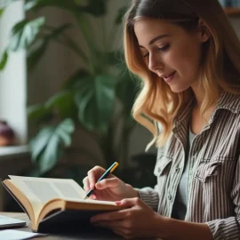 A woman with long hair sitting at a desk in a home office, reading a book and underlining passages