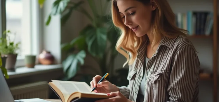 A woman with long hair sitting at a desk in a home office, reading a book and underlining passages