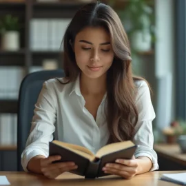 A professional woman with long dark hair and a white button-up shirt reading a book at a desk in an office with a bookshelf