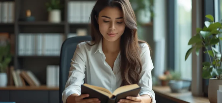 A professional woman with long dark hair and a white button-up shirt reading a book at a desk in an office with a bookshelf