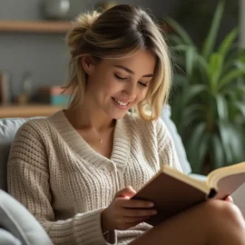 A woman with a ponytail and sweater sitting in a chair at home reading a book with plants and shelves in the background