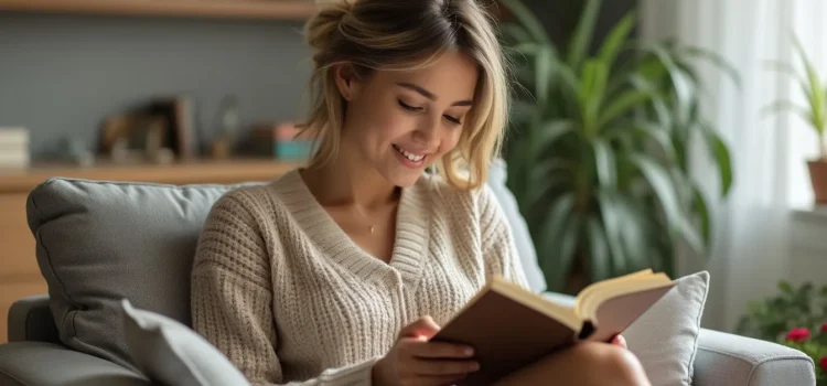 A woman with a ponytail and sweater sitting in a chair at home reading a book with plants and shelves in the background