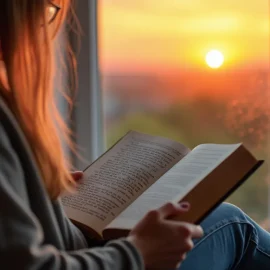 A woman with long brown hair and glasses reading a book while the sun rises outside her window