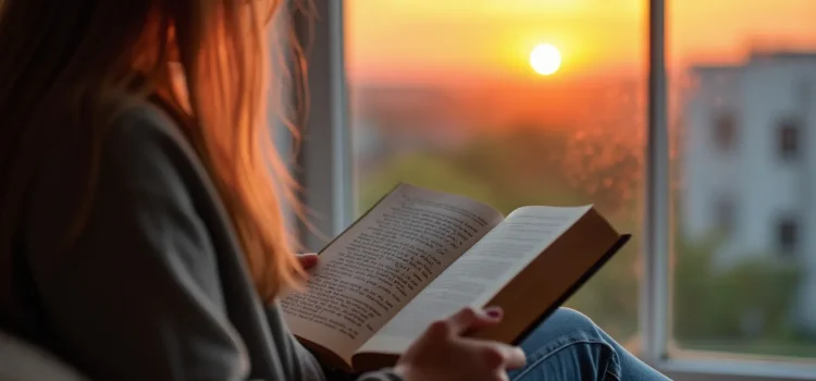 A woman with long brown hair and glasses reading a book while the sun rises outside her window