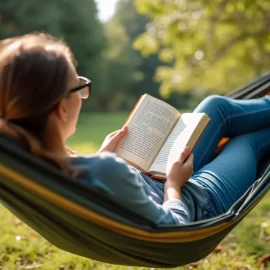 A woman wearing glasses and blue jeans reading a book while lying in a hammock in the summertime with trees in the background