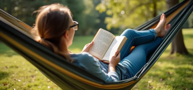 A woman wearing glasses and blue jeans reading a book while lying in a hammock in the summertime with trees in the background