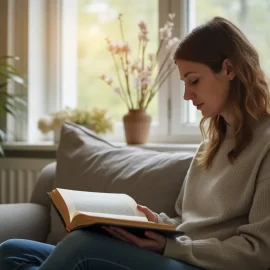 A woman reading a book and sitting on a couch at home